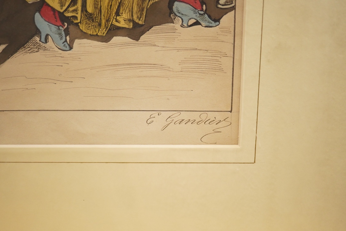 E. Gandier (French, 19th century), 'La Recherche de la Paternité, signed lower right, ink and watercolour, mounted, unframed, 36 x 29cm